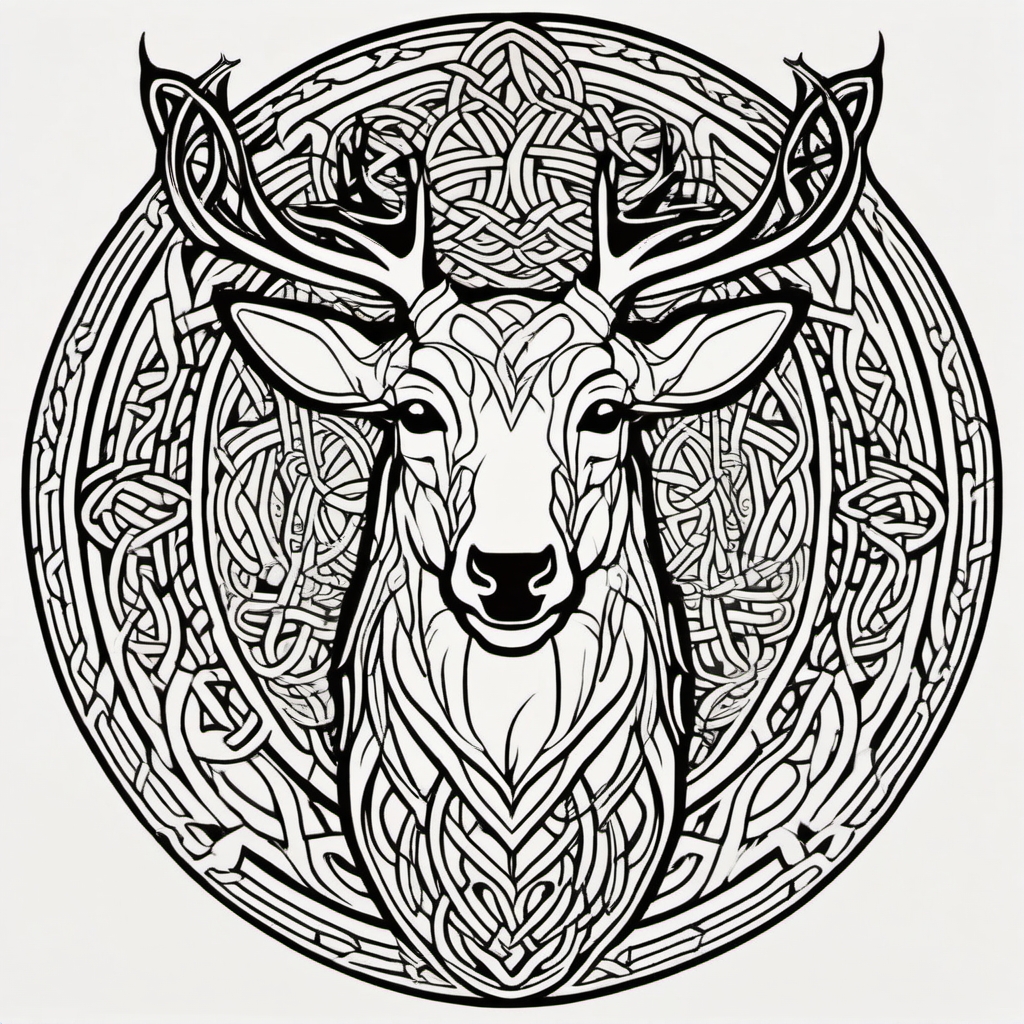 Celtic Deer Knotwork - Explore the intricacies of Celtic knotwork with a tattoo featuring a deer as a central motif.  outline color tattoo,minimal,white background