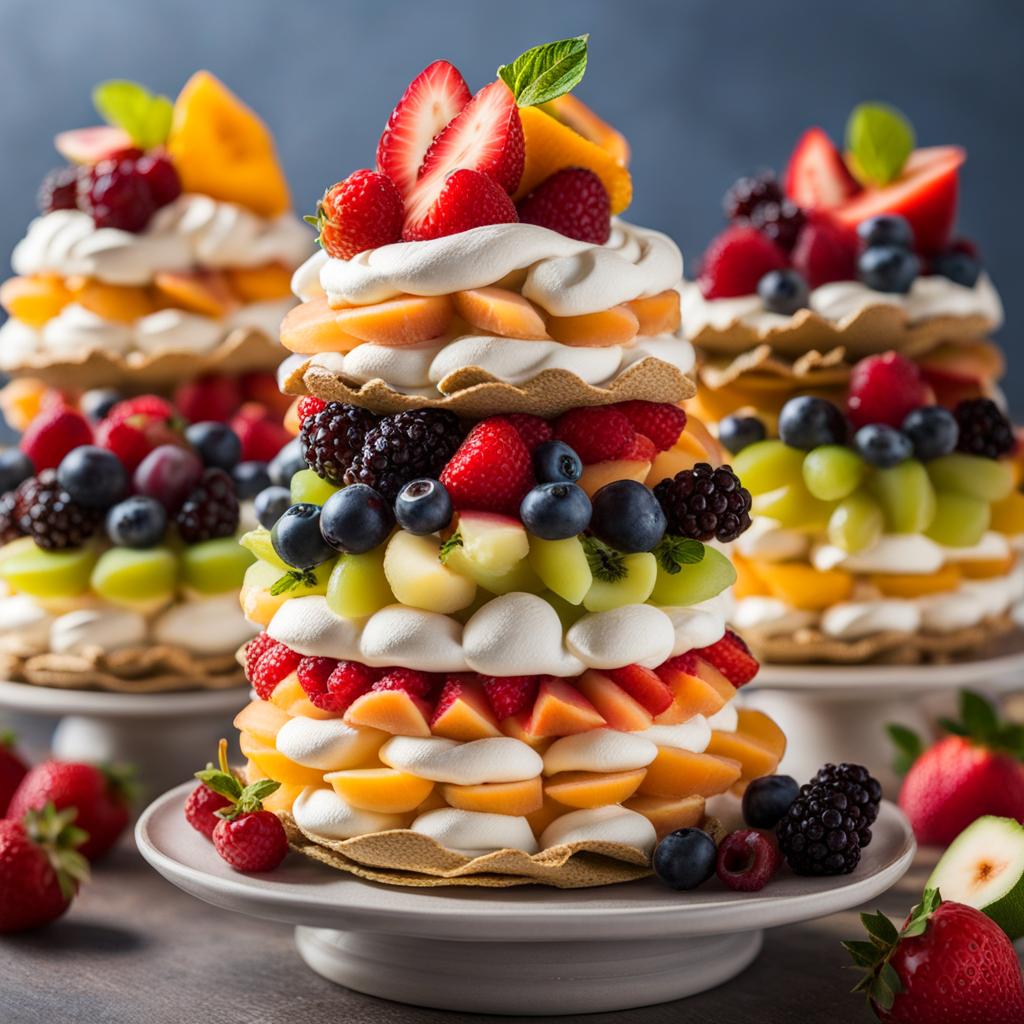 tower of miniature fruit pavlovas, with crisp meringue shells, whipped cream, and an assortment of fruits. 