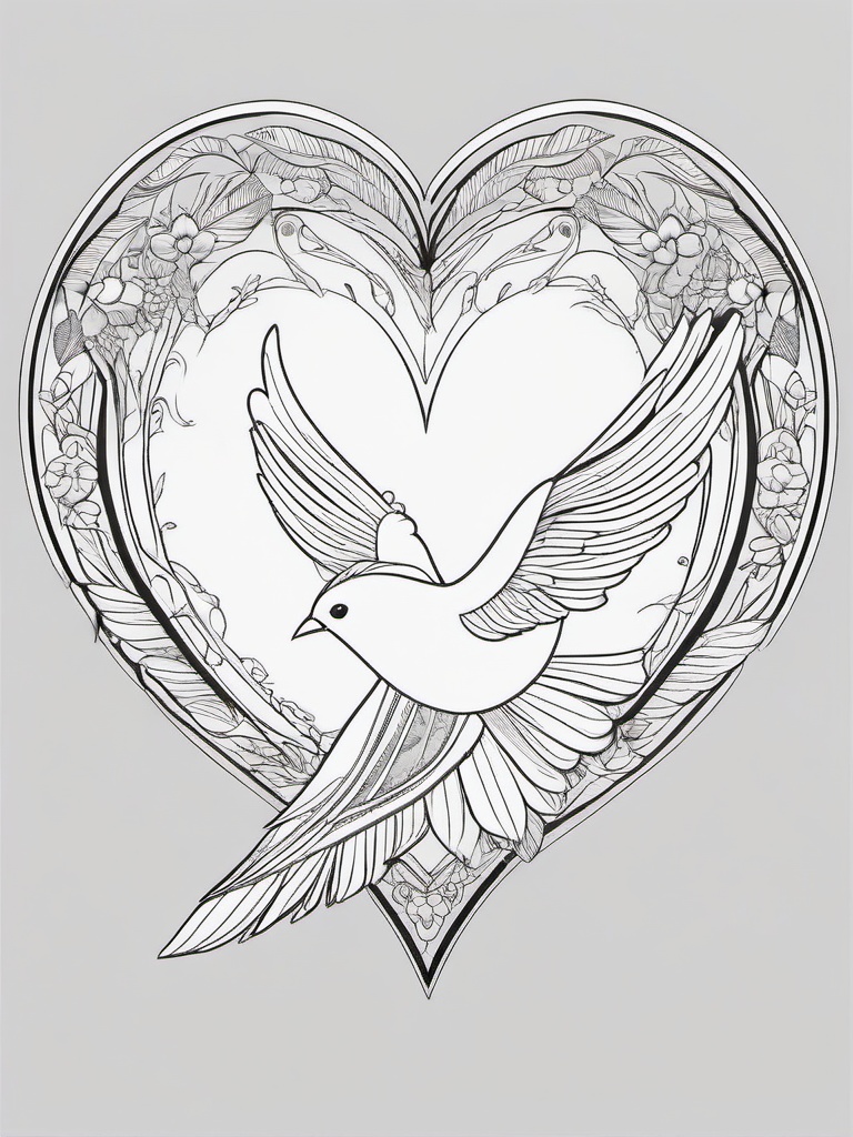 Heart and Bird Coloring Pages - Beautiful Birds Flying Around Hearts  minimal black outline printable sheet, coloring page