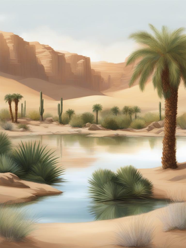 desert oasis - sketch a tranquil desert oasis with palm trees, a shimmering pond, and desert wildlife. 