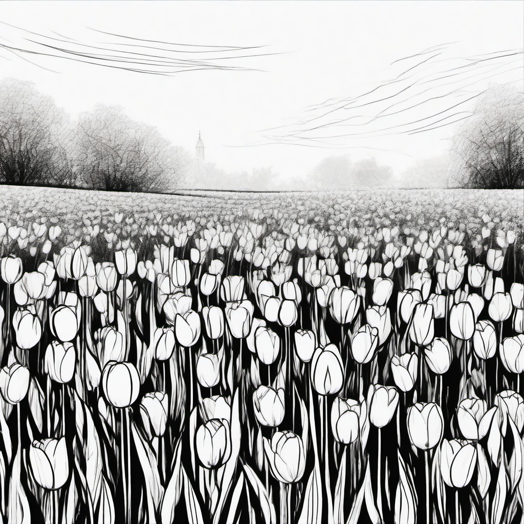 drawing of tulips in a park  minimal rough sketch scribbles,doodles,black and white