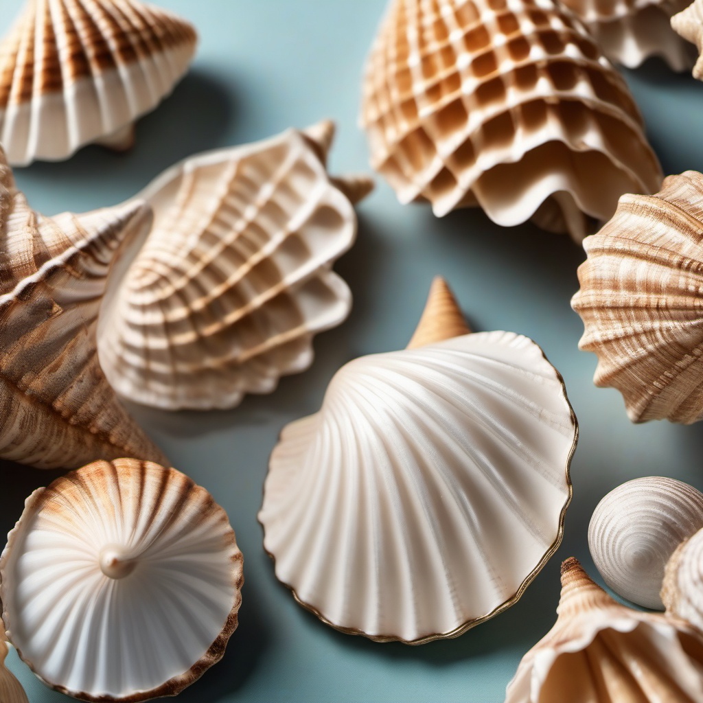 Seashell ornaments and decor close shot perspective view, photo realistic background, hyper detail, high resolution