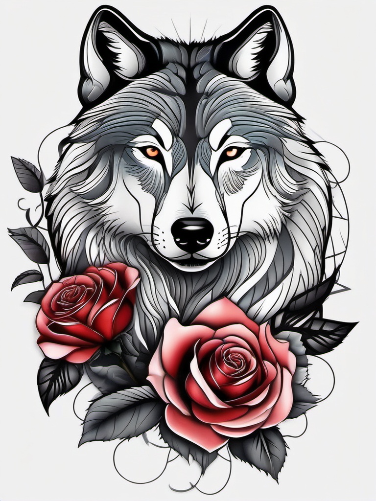 Wolf and Rose Tattoo,captivating fusion of the wolf and a delicate rose, combining strength and beauty. , color tattoo design, white clean background