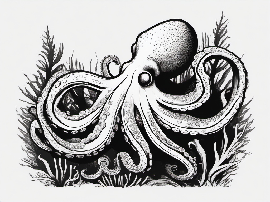 drawing of an octopus with coral  minimal rough sketch scribbles,doodles,black and white