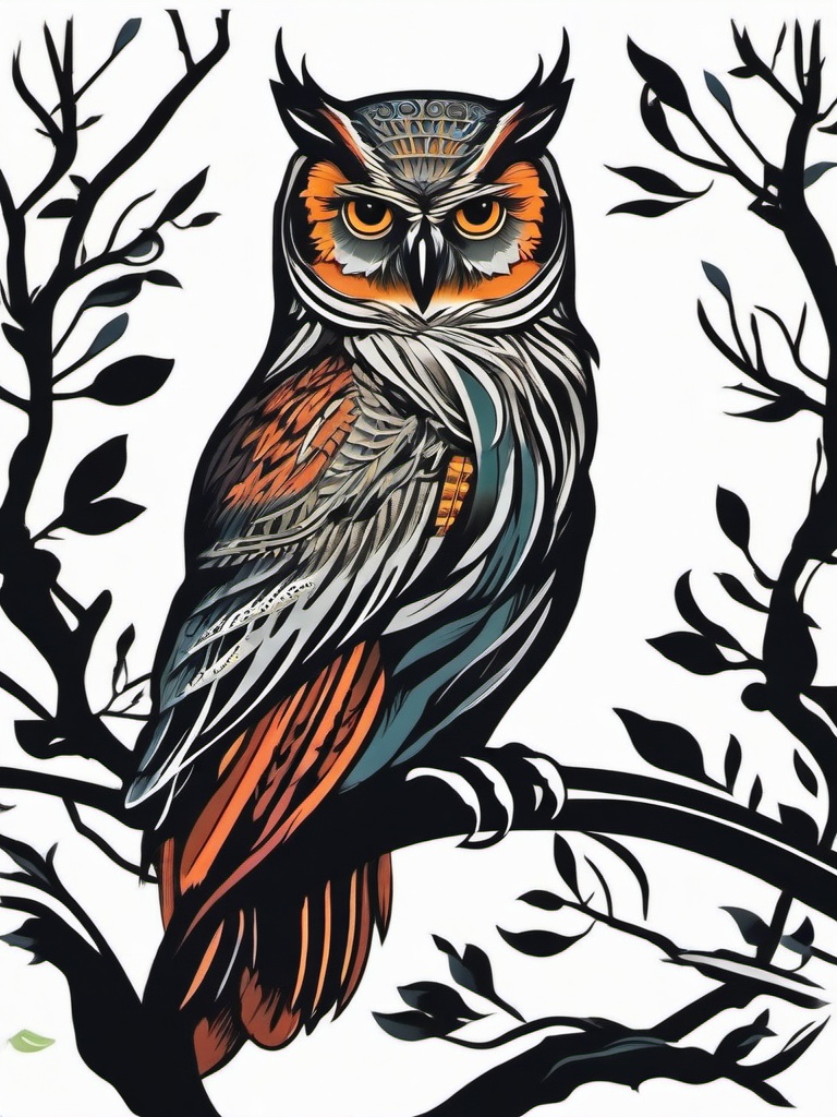 owl on tree tattoo  simple vector color tattoo