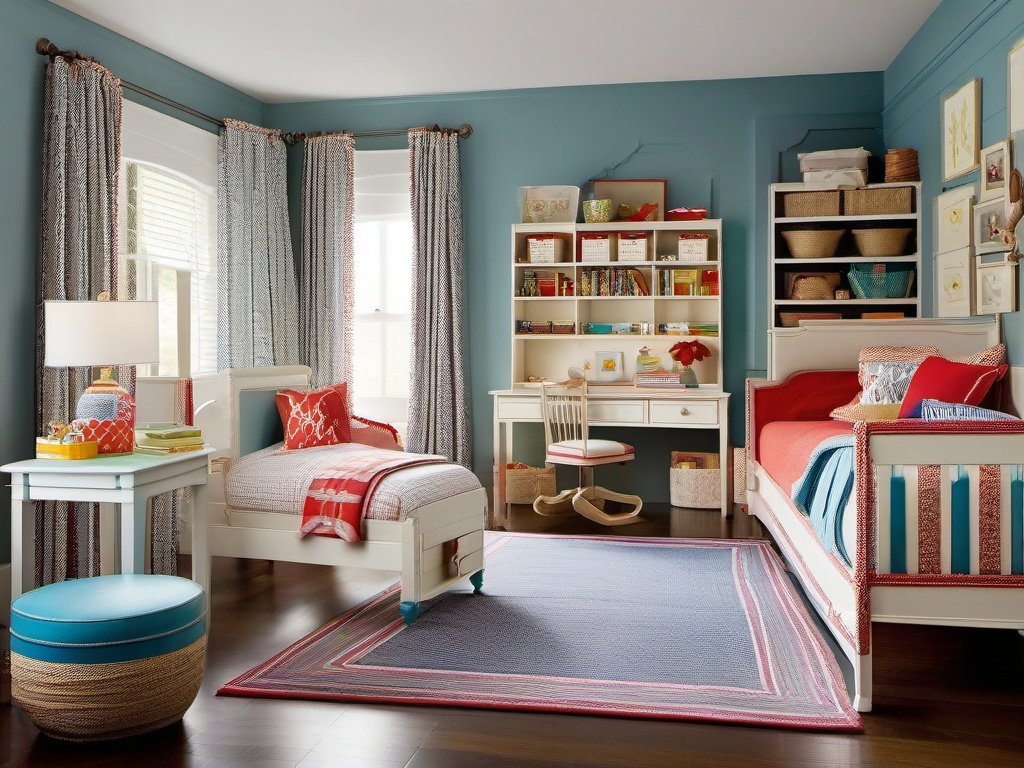 In the kids' room, American Colonial interior design showcases charming furniture, bright accents, and functional storage that inspire creativity and imaginative play.  