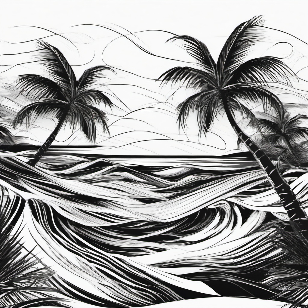 drawing of waves with palm trees  minimal rough sketch scribbles,doodles,black and white