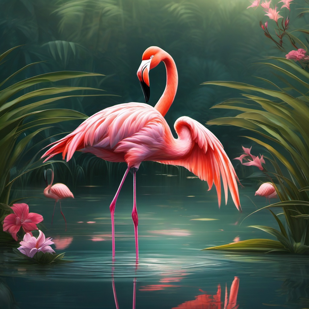 Flamingo Clipart in a Wetland,Elegant flamingo in a tranquil wetland, an emblem of beauty and grace. 