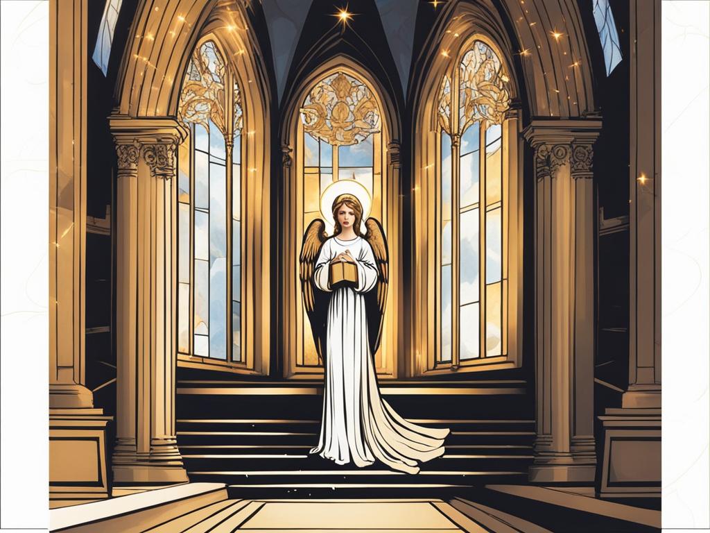 angel clipart - a serene angel, with celestial wings and a radiant halo, watching over a cathedral's altar 