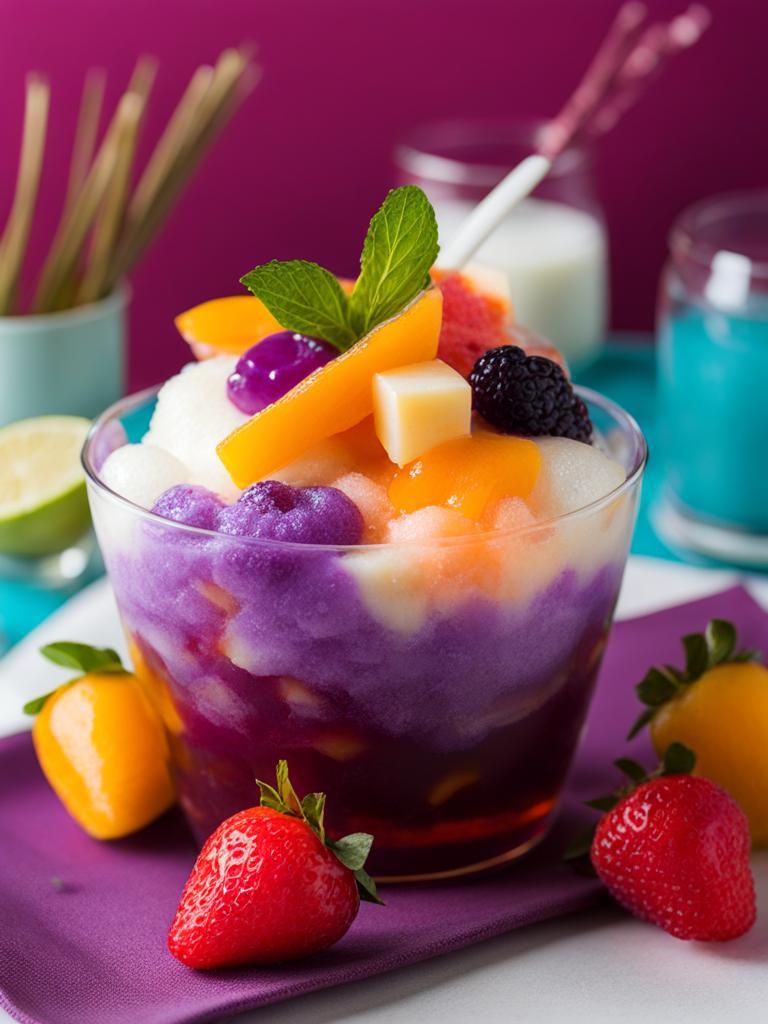 filipino halo-halo delight - a colorful and indulgent dessert with shaved ice, fruits, and jellies. 