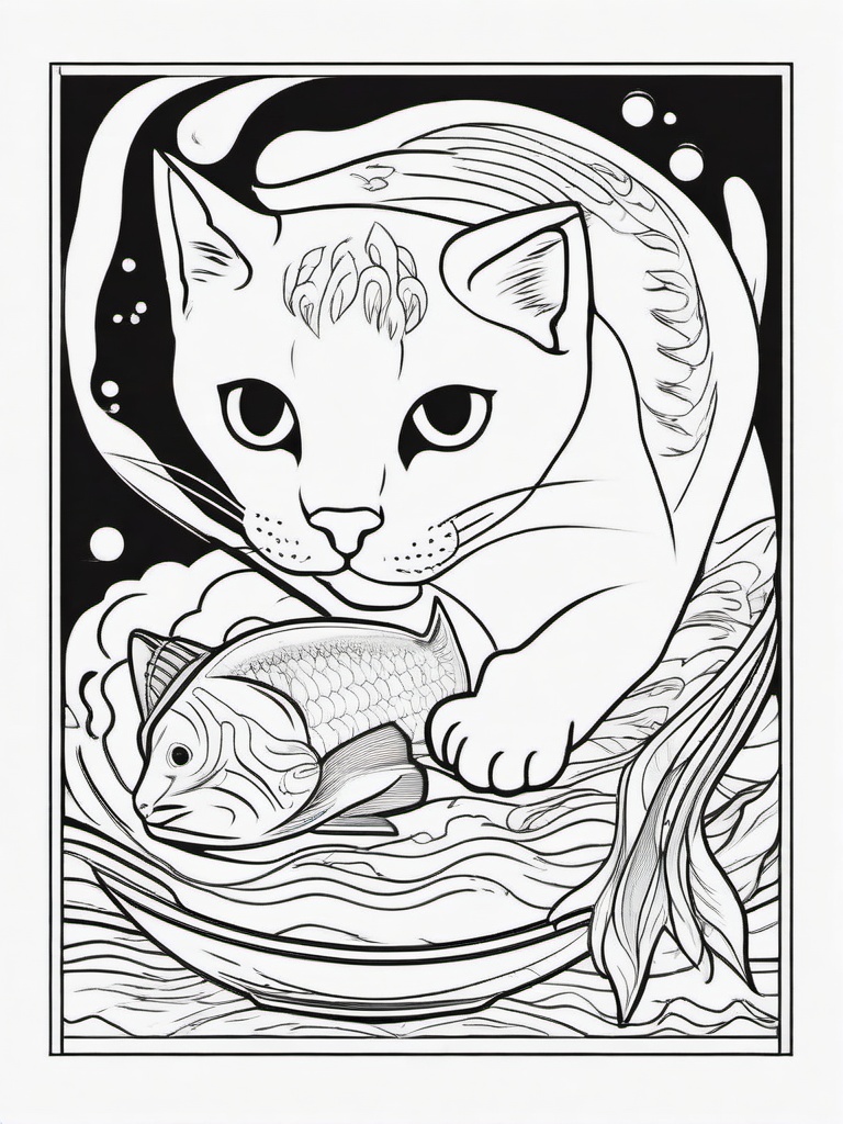 Cat and Fish Coloring Pages - Feline Eyeing a Fishy Snack  minimal black outline printable sheet, coloring page