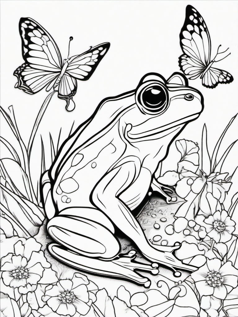 Frog Coloring Pages - Frog with colorful butterflies surrounding it  simple coloring pages