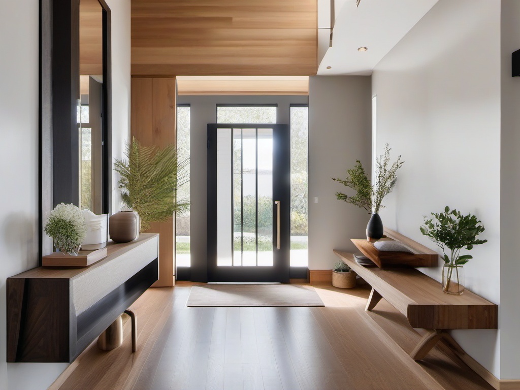 The foyer features Japandi interior design with clean lines, natural wood accents, and simple decor that invites guests into a peaceful and modern home.  