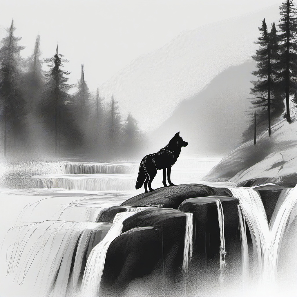 drawing of a wolf in waterfall  minimal rough sketch scribbles,doodles,black and white