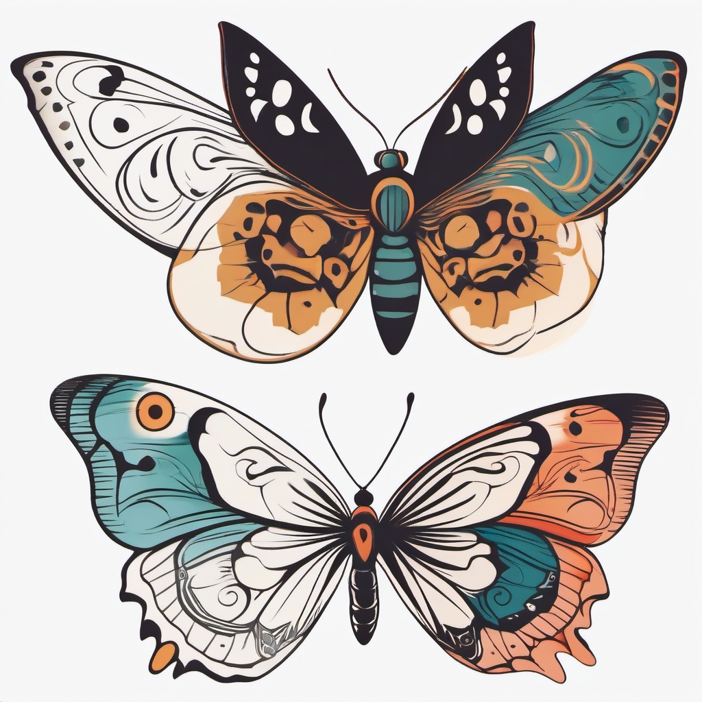 Half Butterfly Half Moth Tattoo - Embrace duality with a tattoo featuring both a butterfly and a moth, symbolizing transformation and balance.  simple vector color tattoo, minimal, white background