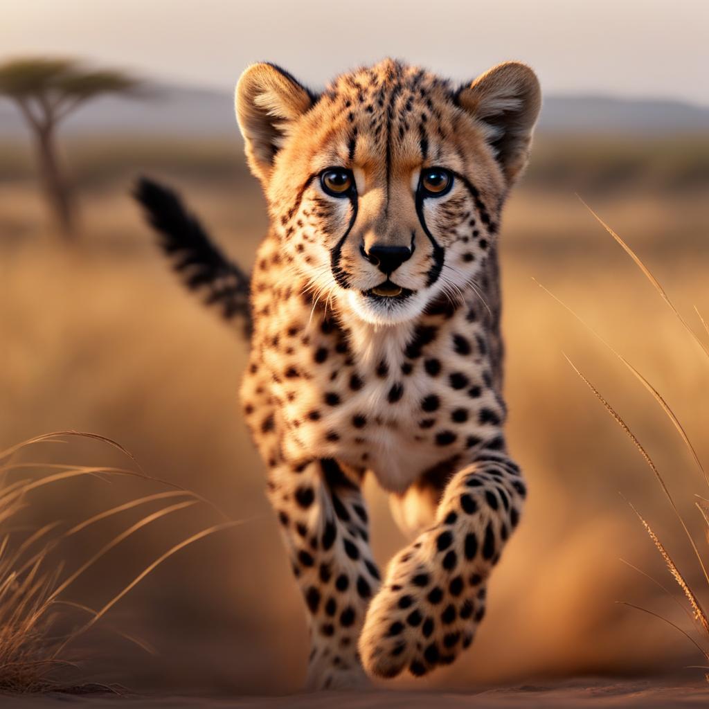 cheetah cub sprinting across the vast african plains 8k ultrarealistic cinematic 