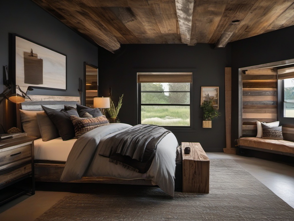 The master bedroom embraces Post-Apocalyptic interior design with rugged bedding, salvaged wood accents, and unique decor that create a stylish and resilient sanctuary for sleep.  