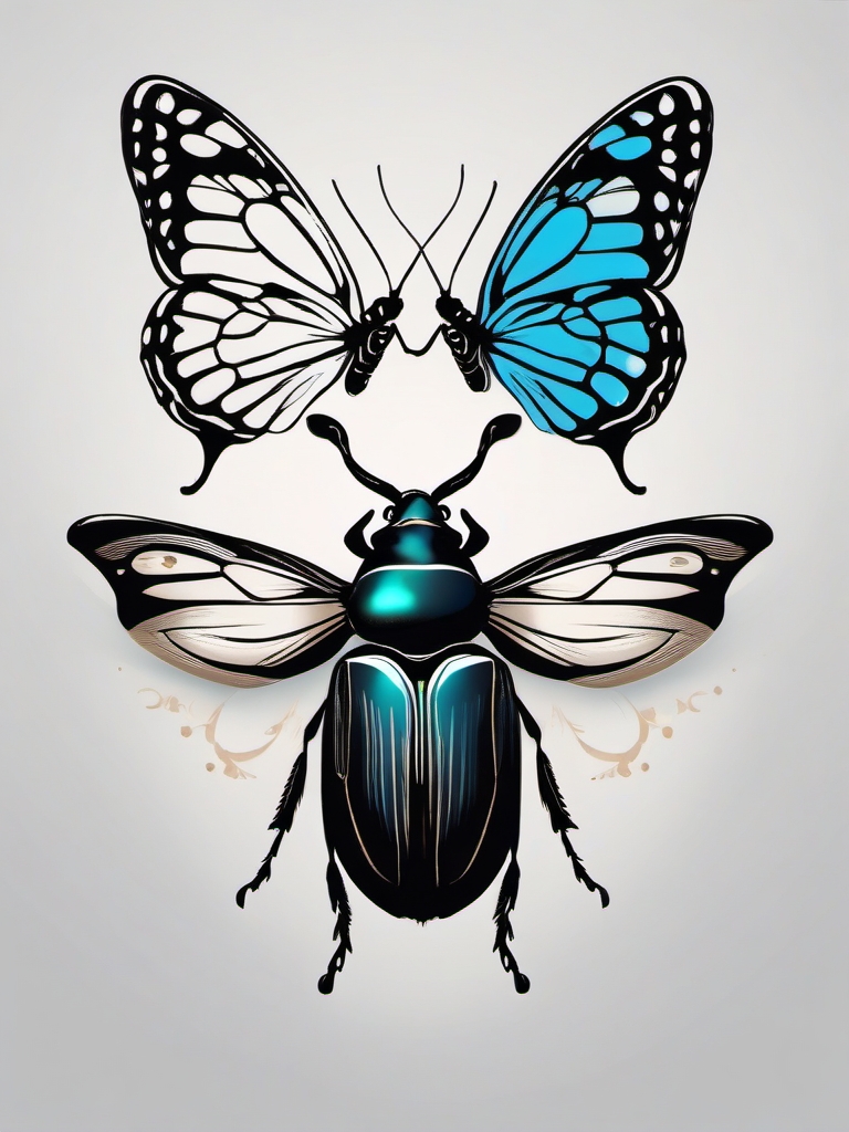 Beetle and butterfly friends ink. Fluttering companions.  minimal color tattoo design