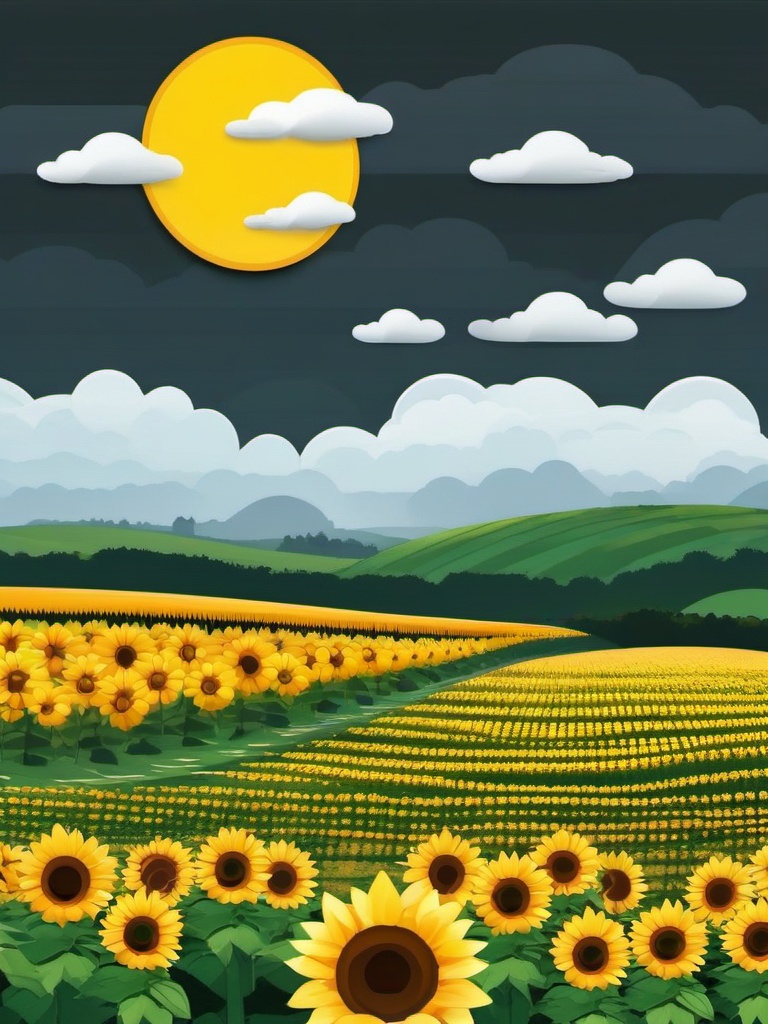 Field of Sunflowers under Clouds Emoji Sticker - Sunflower spectacle on a cloudy day, , sticker vector art, minimalist design