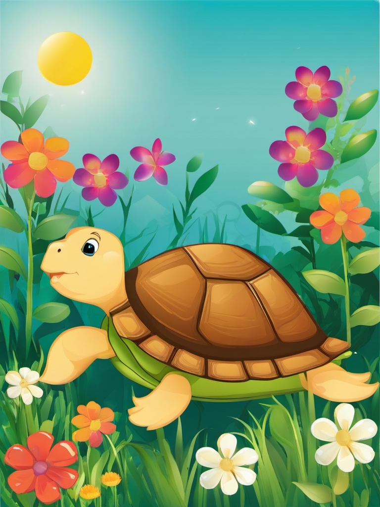 Turtle clipart - turtle in a garden with flowers  