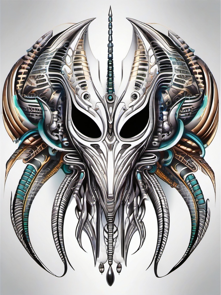 Biomechanical Alien Tattoo Designs - Merge technology and extraterrestrial aesthetics with biomechanical alien tattoo designs.  simple color tattoo,vector style,white background