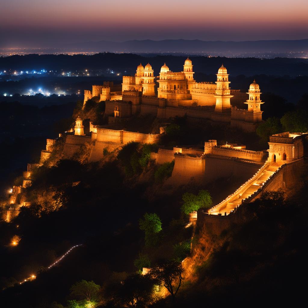 chittorgarh, india - create a night scene of chittorgarh's majestic fort, beautifully lit, overlooking the city below. 