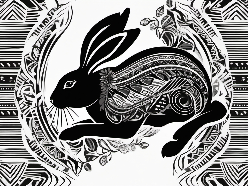 Black rabbit with tribal patterns ink. Cultural connection to mystery.  minimalist black white tattoo style