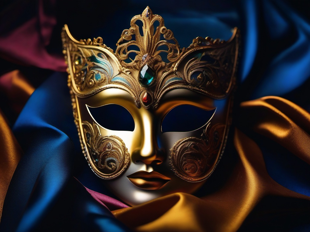 Gilded mask, its intricate design concealing the identity of a masquerade reveler, adds an air of intrigue to a night of elegance and hidden desires. hyperrealistic, intricately detailed, color depth,splash art, concept art, mid shot, sharp focus, dramatic, 2/3 face angle, side light, colorful background