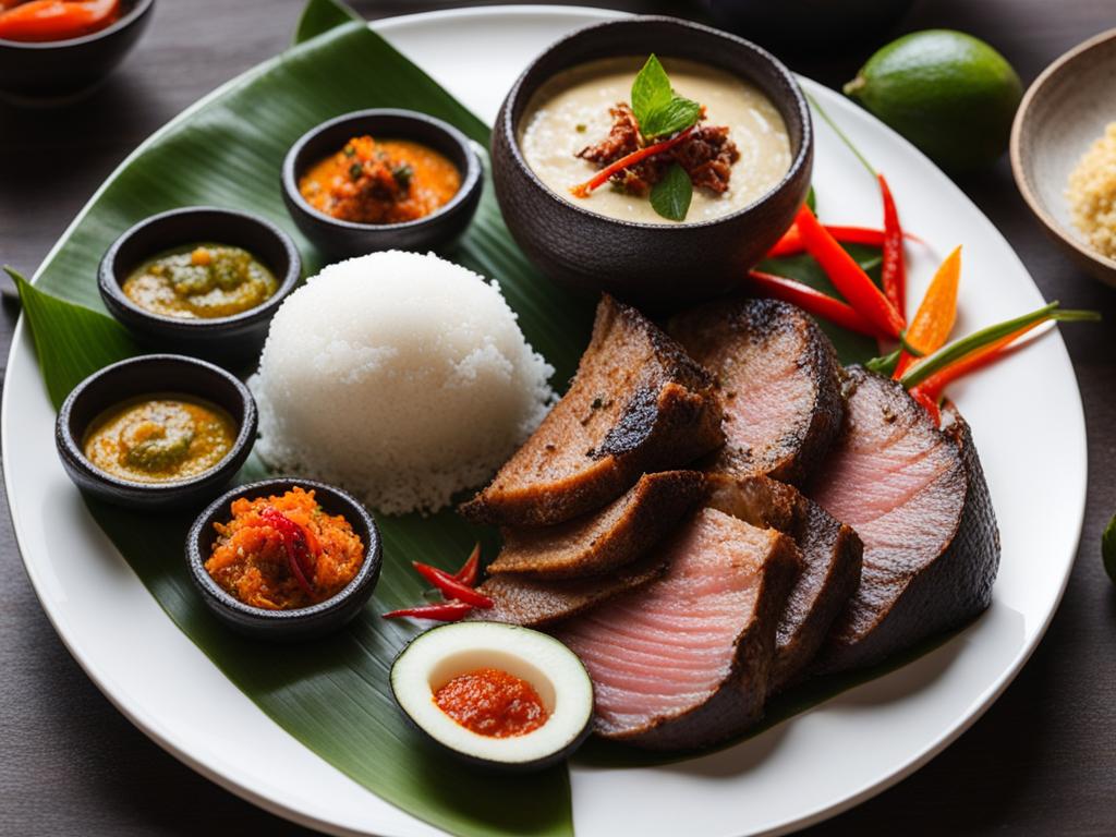 balinese feast - exotic dishes with rich coconut sauces, aromatic spices, and tender grilled meats. 