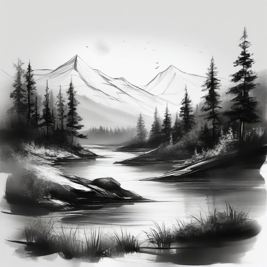 sketch of natural scenery  minimal rough sketch scribbles,doodles,black and white