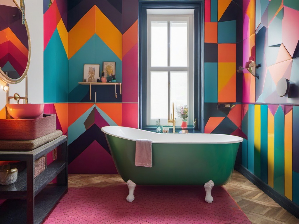 A bathroom with psychedelic interior design features bold tiles, colorful fixtures, and whimsical decor that make the space feel lively and enchanting.  