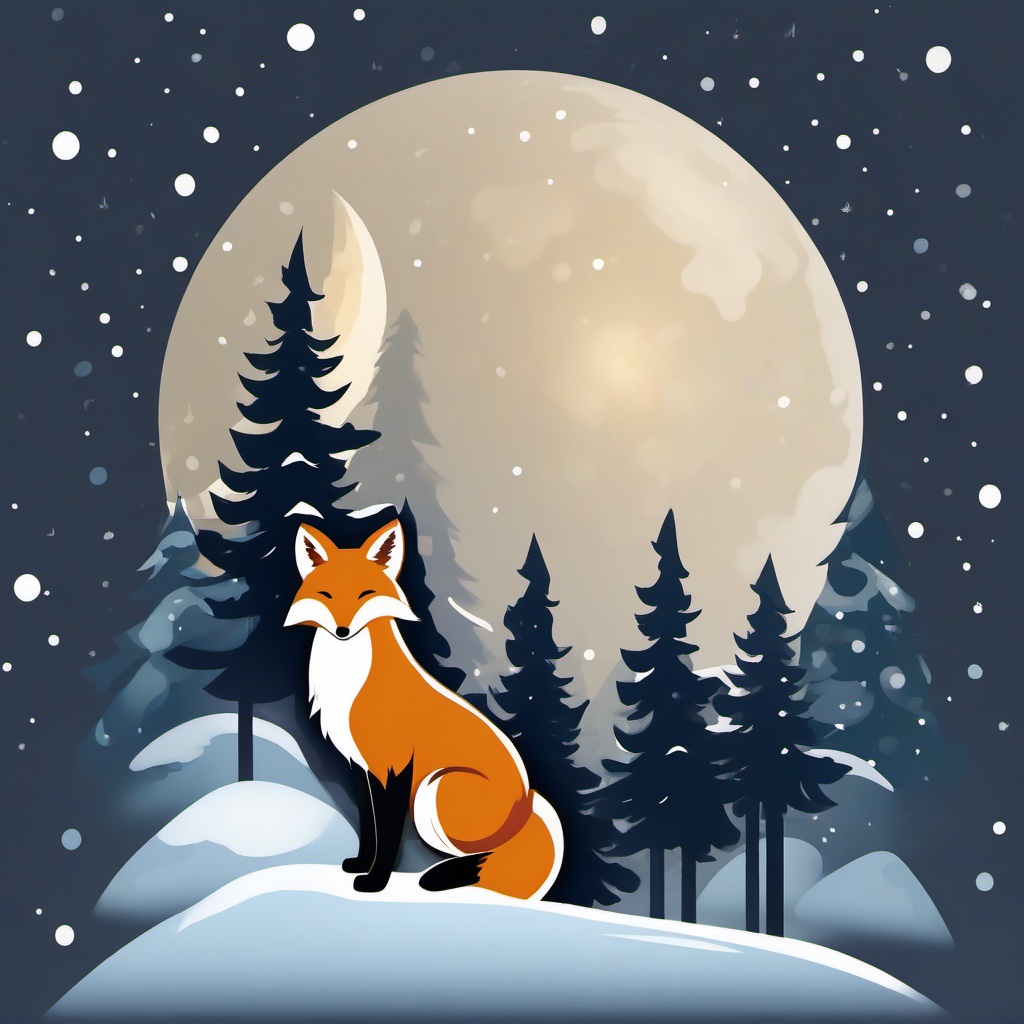 Snowy fox in the moonlight sticker- Winter enchantment, , sticker vector art, minimalist design