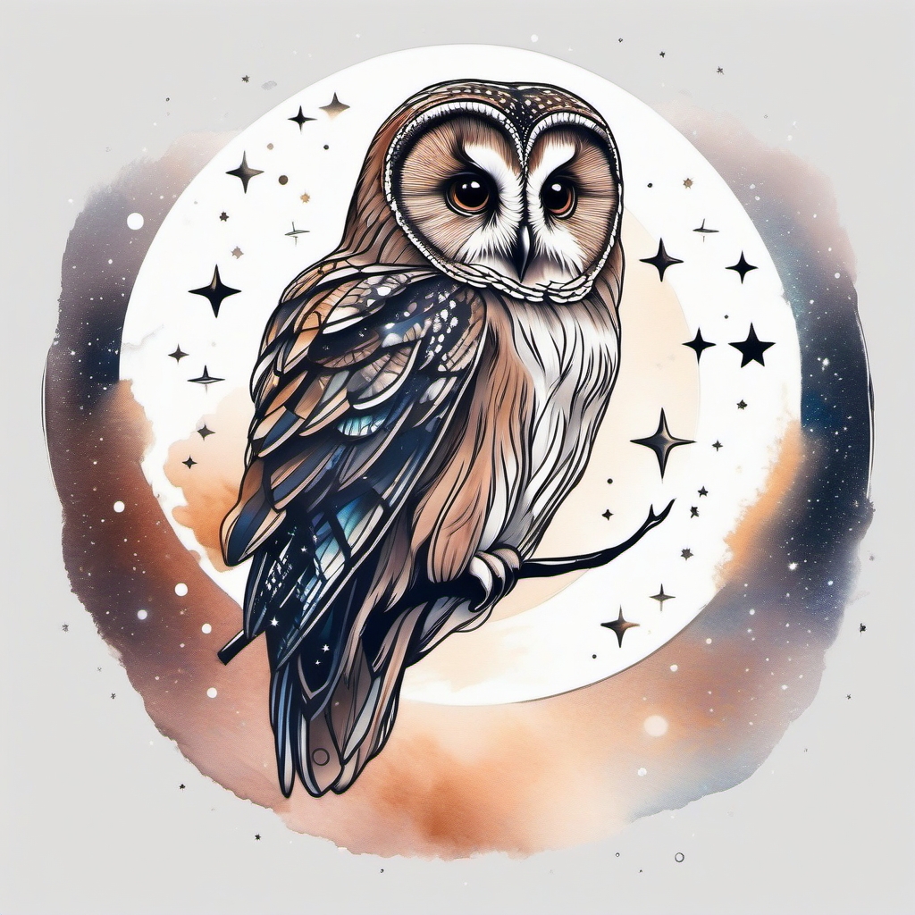 Tawny owl tattoo reaching for stars in ethereal space.  color tattoo style, minimalist design, white background