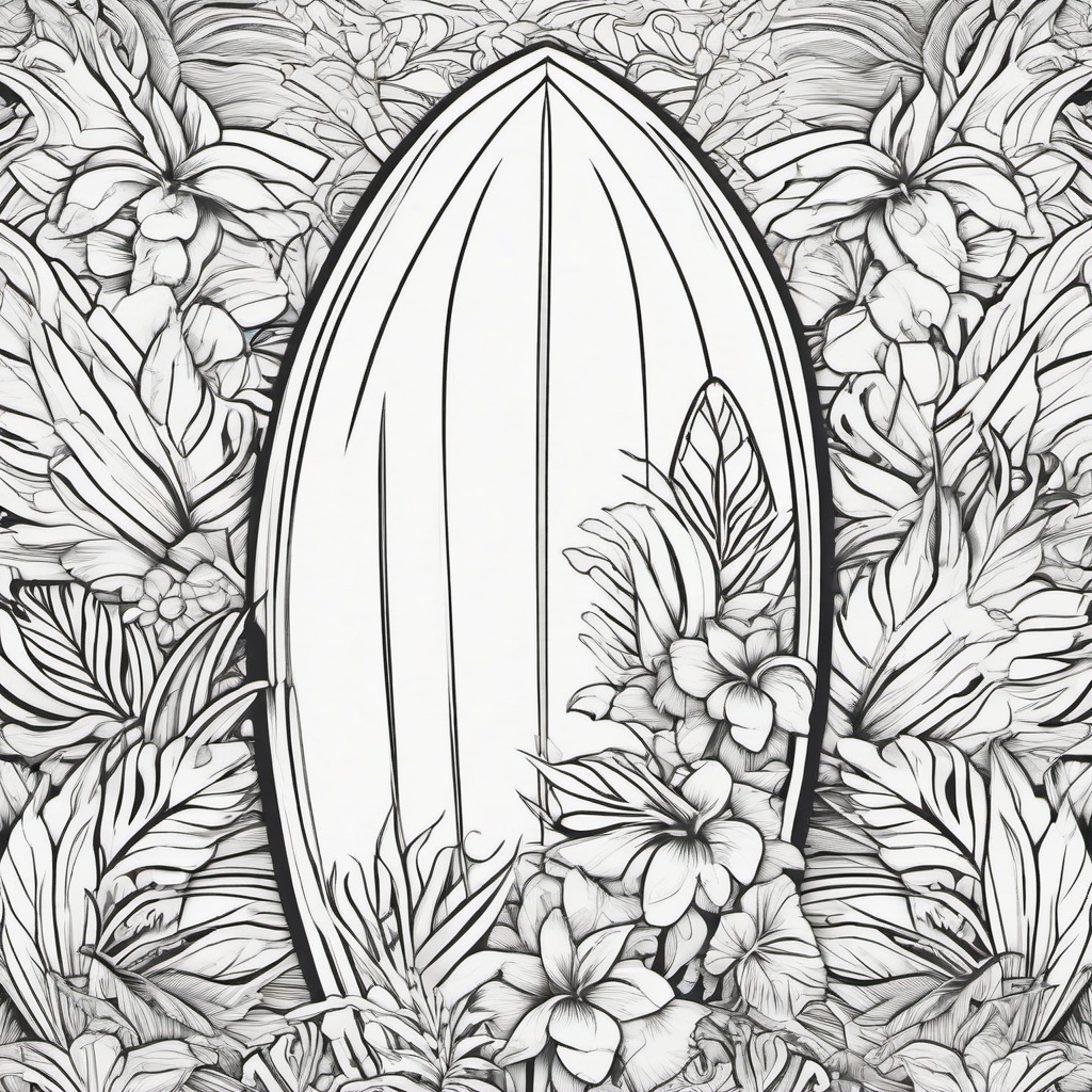 Surfboard with tropical designs and ocean waves  simple coloring pages