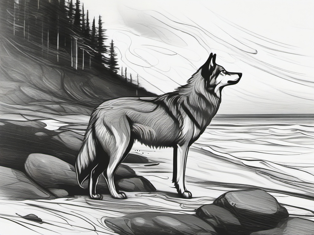 drawing of a wolf in ocean shore  minimal rough sketch scribbles,doodles,black and white