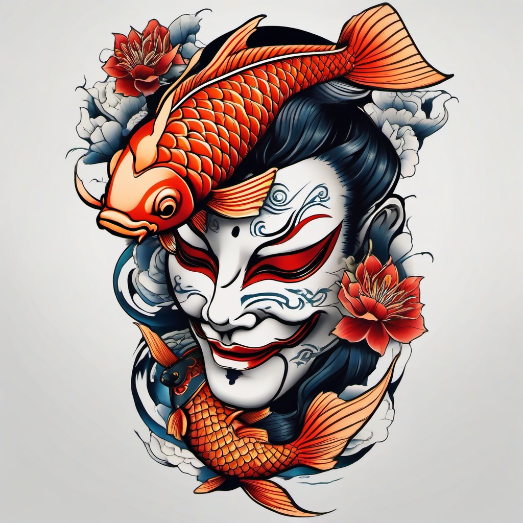 koi fish and hannya mask tattoo  simple color tattoo,white background,minimal