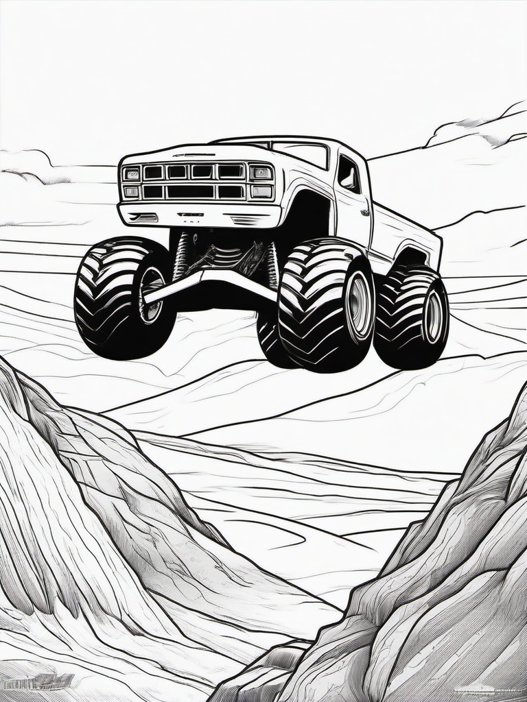 Monster Truck Jumping Coloring Pages - High-Flying Trucks Over Obstacles  minimal black outline printable sheet, coloring page