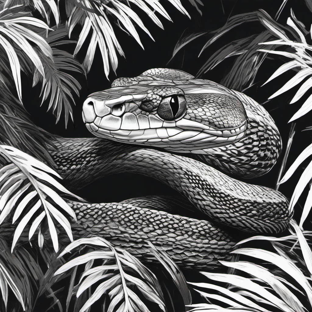 drawing of a boa constrictor in a jungle  minimal rough sketch scribbles,doodles,black and white