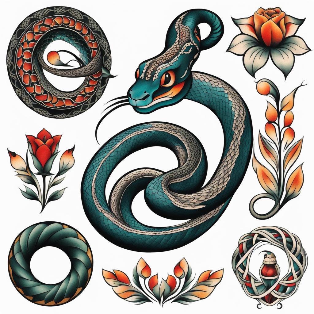 Traditional snake tattoo, Classic and timeless snake tattoos in traditional tattoo style. colors, tattoo patterns, clean white background