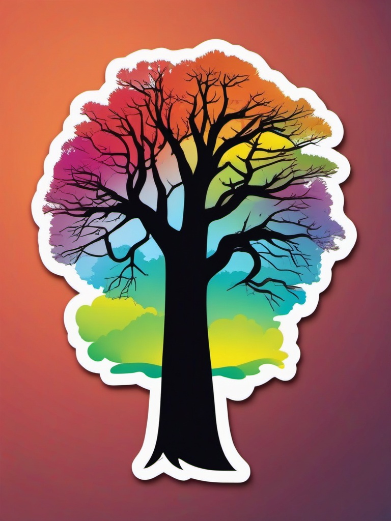 Tree Silhouette Sticker - Silhouetted tree against a colorful background, ,vector color sticker art,minimal