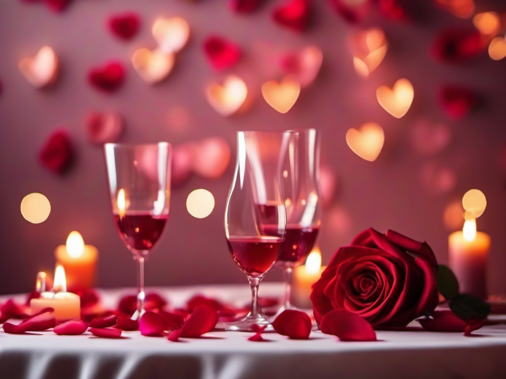 Valentines Day background - Romantic candle-lit dinner table with rose petals and wine glasses  aesthetic background wallpaper