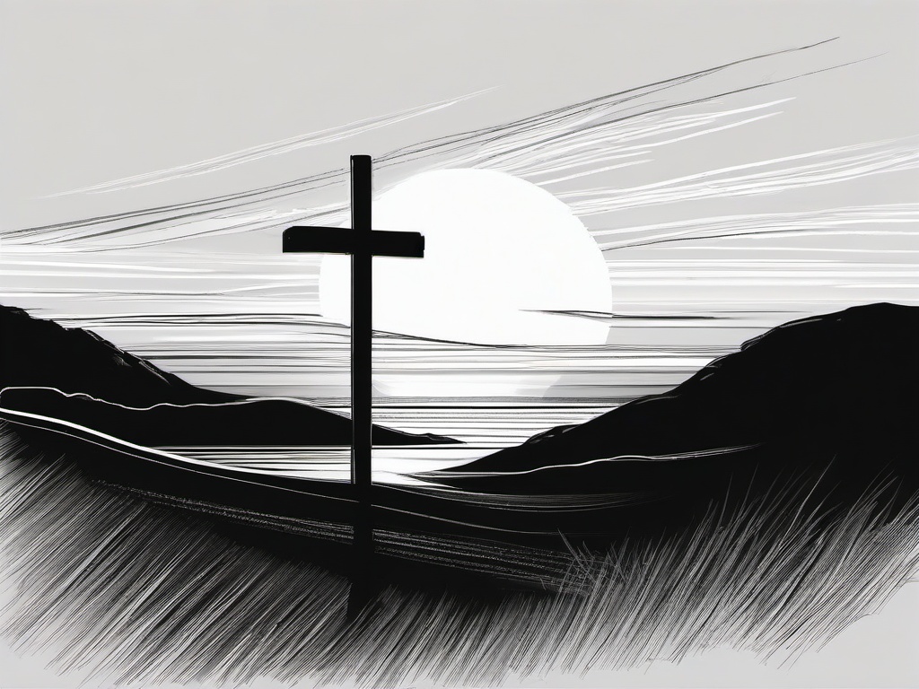 drawing of a cross at sunset  minimal rough sketch scribbles,doodles,black and white