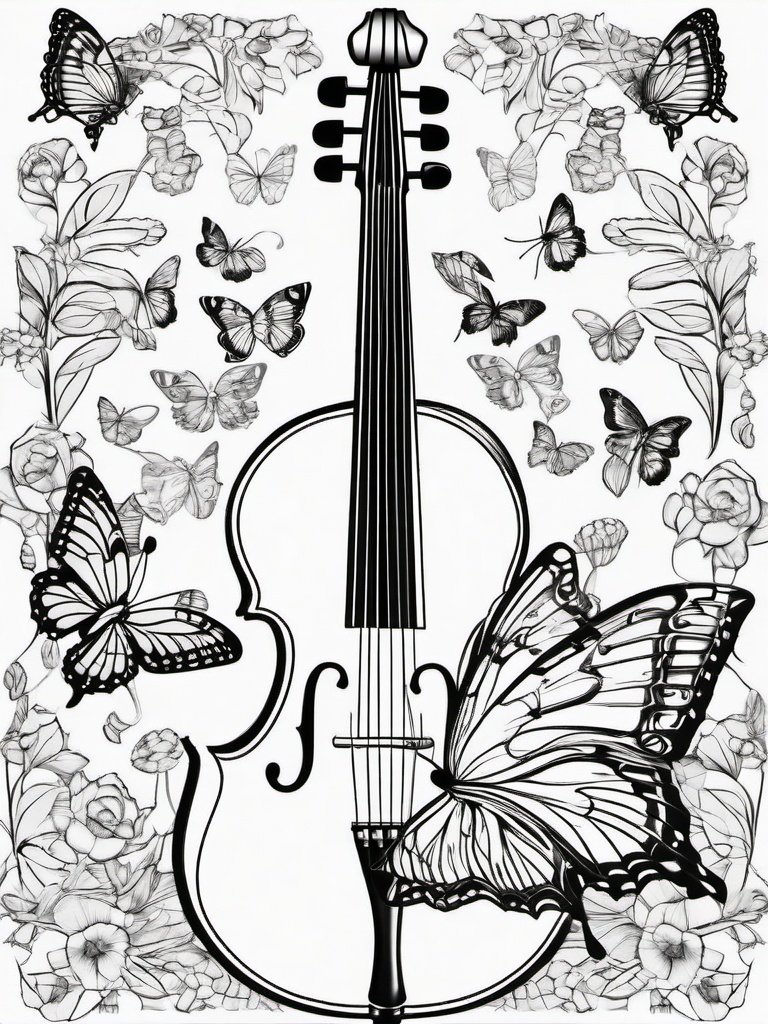 Butterfly Symphony Coloring Pages - Musical Scene with Butterflies and Instruments  minimal black outline printable sheet, coloring page