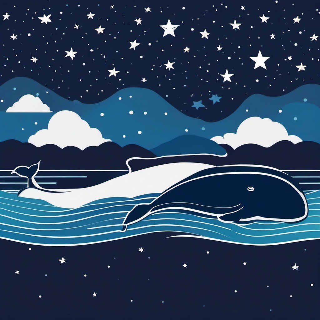 Whale clipart - whale swimming in a starry night sky  color,minimalist,vector clipart