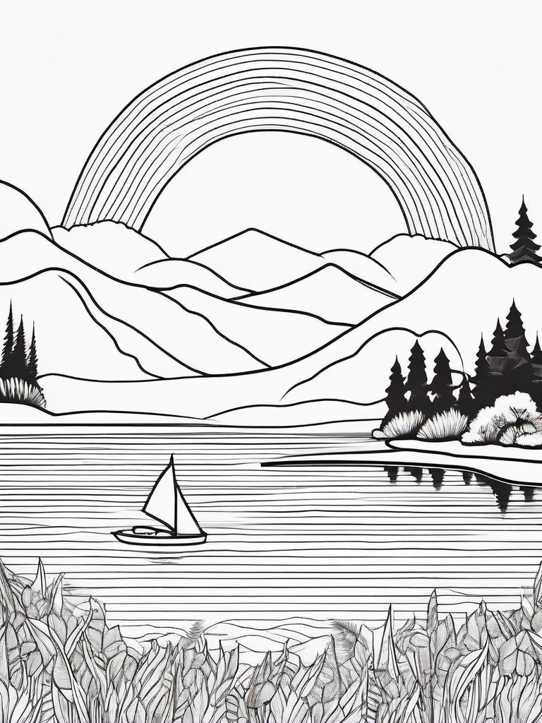 Rainbow Coloring Page - Rainbow draped across a serene lake.  easy,simple,minimal,coloring pages,black and white outline