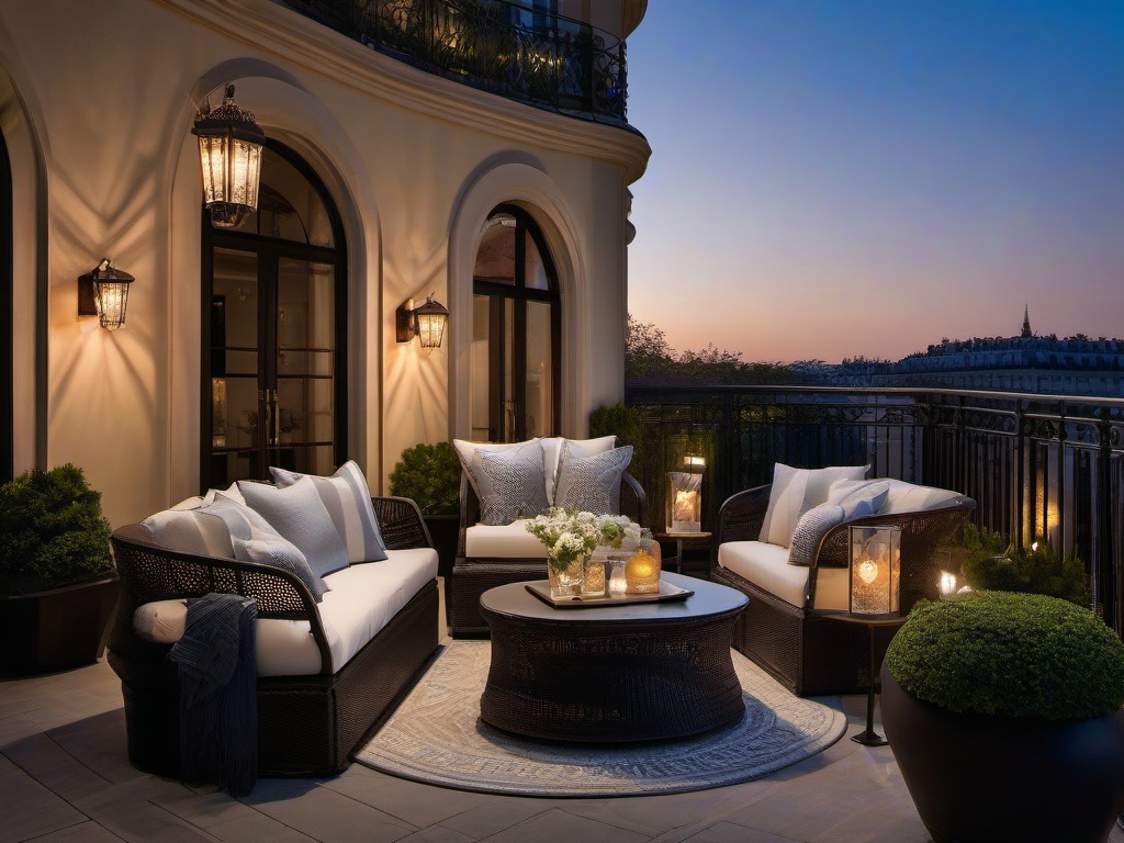 Parisian patio captures elegance with chic furniture, stylish accents, and soft lighting that enhances the outdoor experience.  