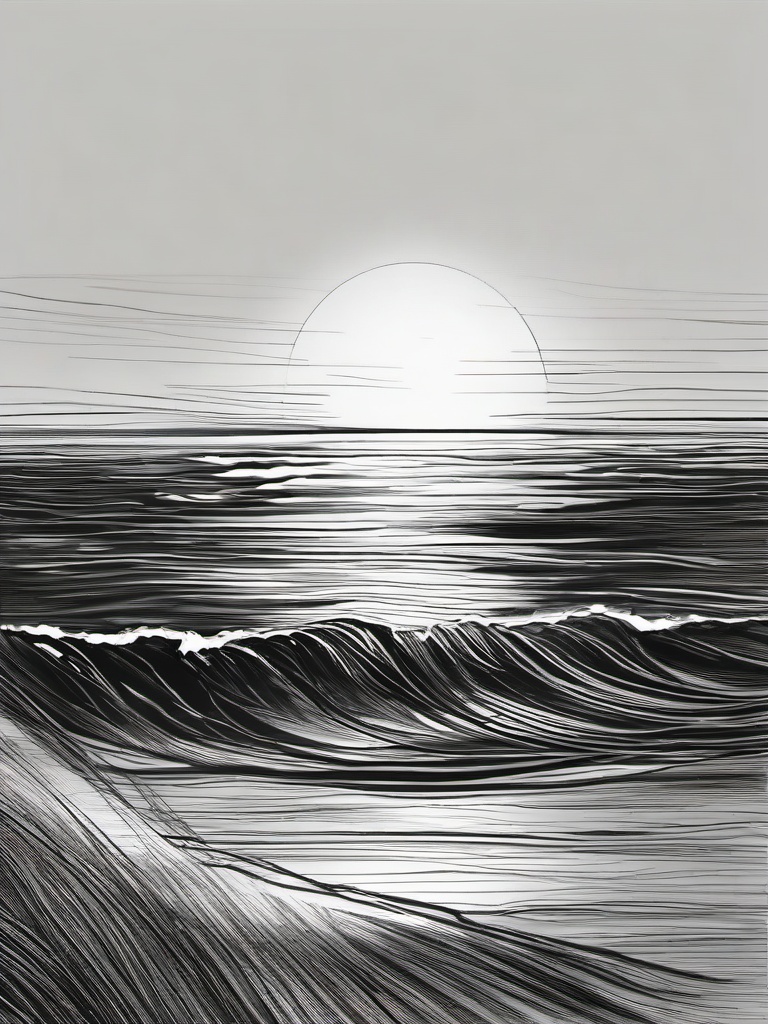 drawing of a sunset over the ocean  minimal rough sketch scribbles,doodles,black and white