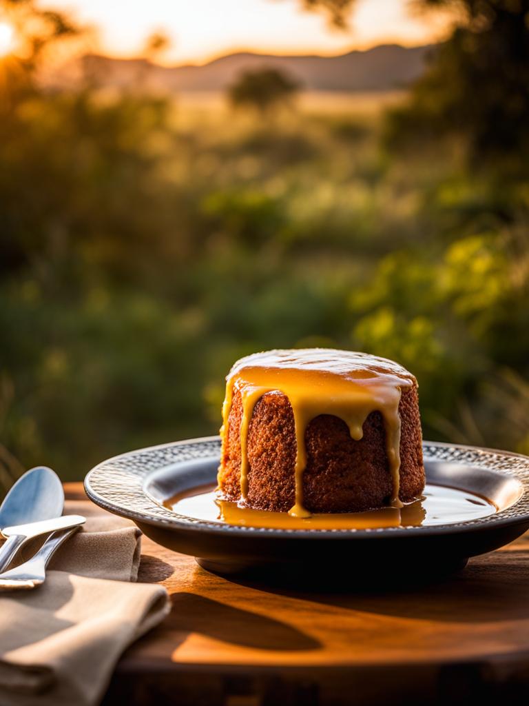 malva pudding, a south african dessert, enjoyed at a safari lodge in the savanna. 