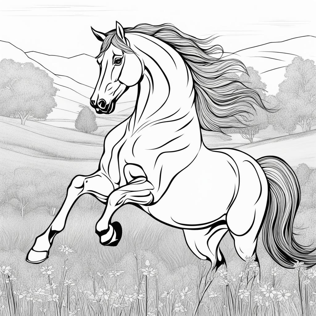 horse coloring pages - a majestic horse frolics in a field of blooming wildflowers. 