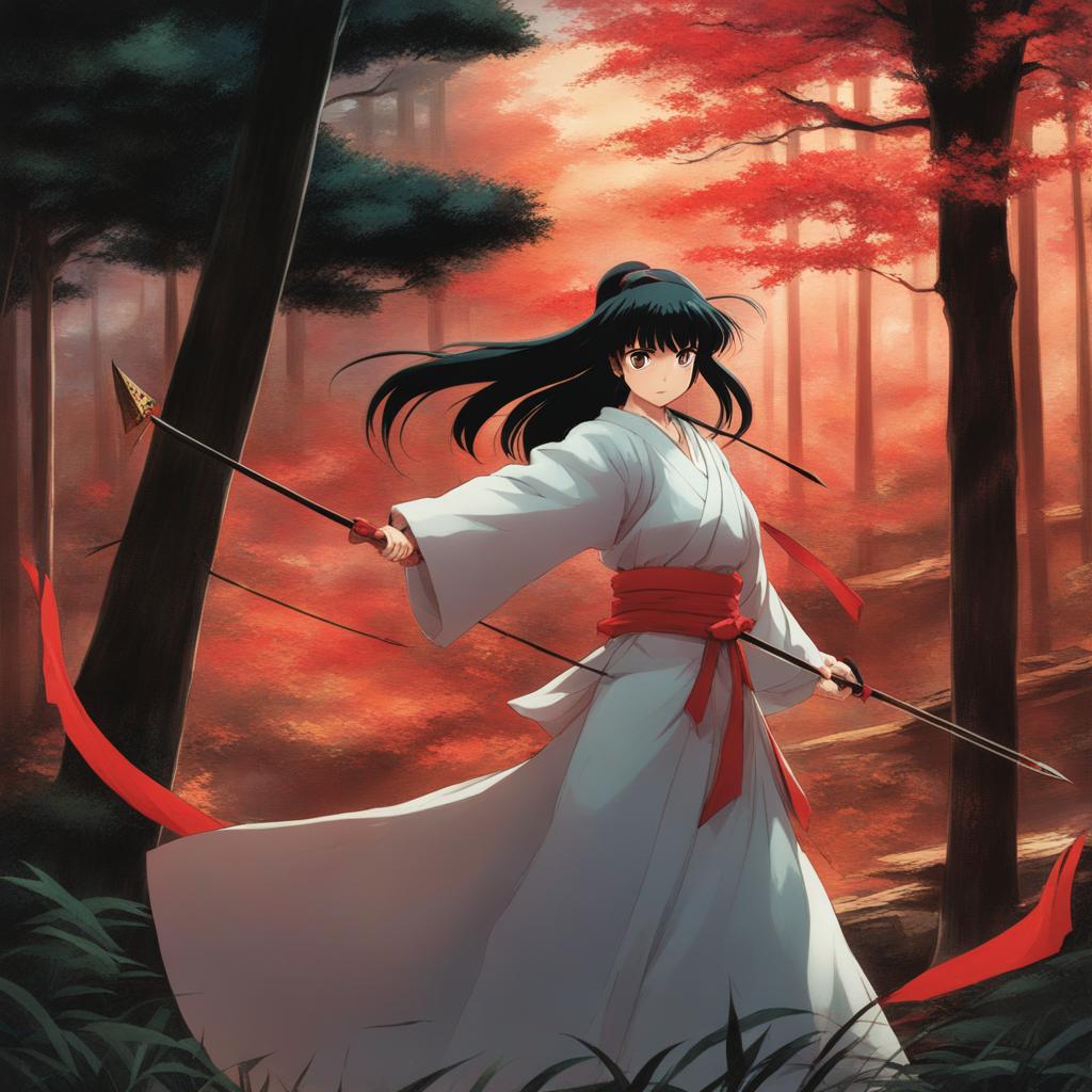 kagome higurashi aims an arrow at menacing youkai in a mystical feudal japan. 